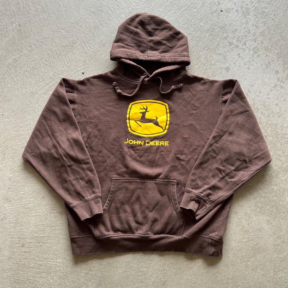Vintage John Deere Sweatshirt Size Large Brown Y2K Big Logo Hoodie Tractor Farm